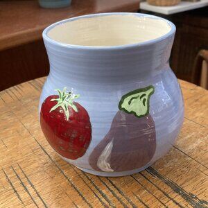 Vintage 90s Handmade Vase Art Pottery Ceramic Planter Colorful Vegetables Signed